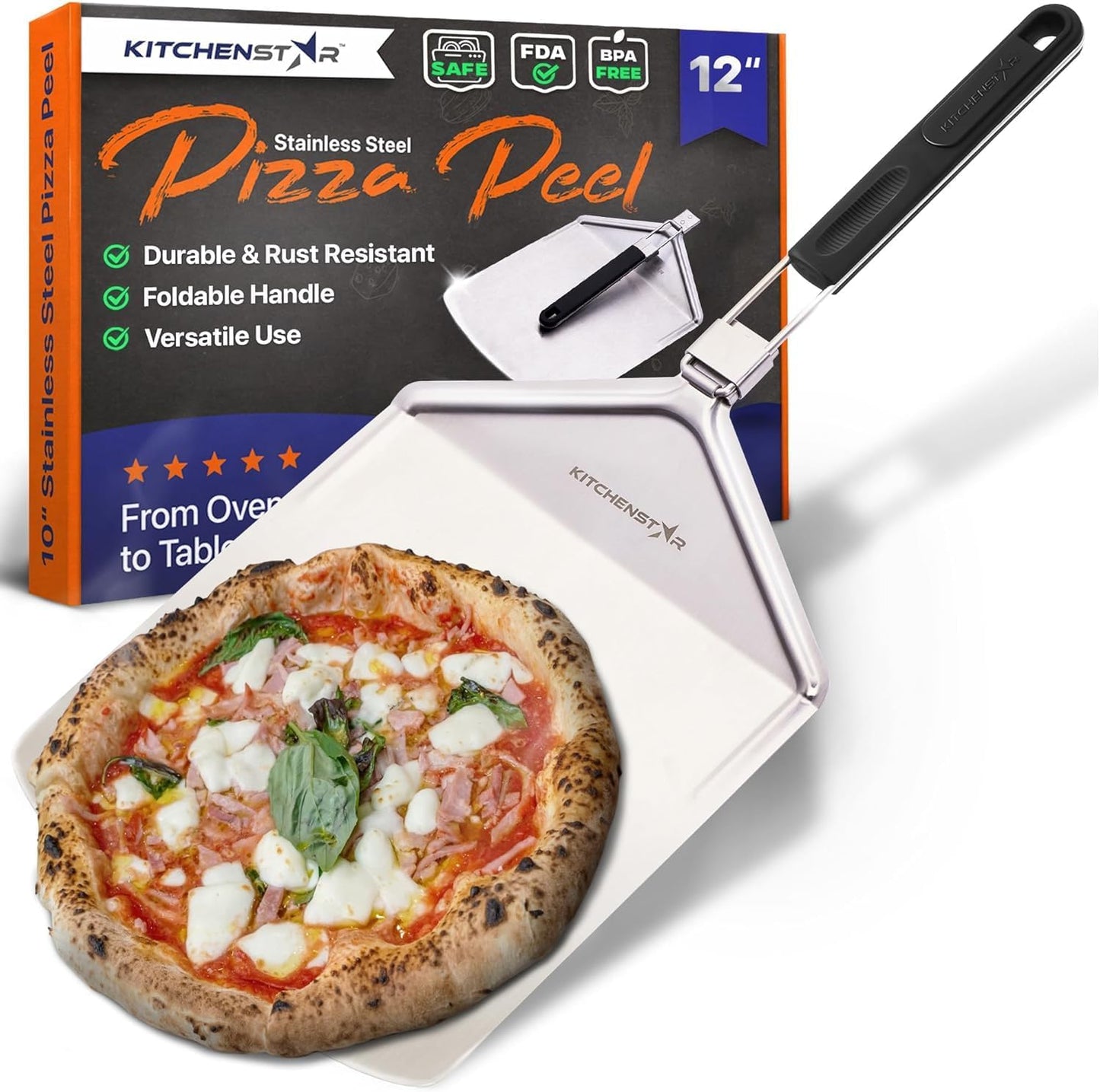 KitchenStar 12-inch Metal Pizza Peel with Folding Handle - Stainless Steel Spatula Paddle for Effortless Pizza Transfer & Easy Storrage - Dishwasher Safe Pizza Oven Accessories
