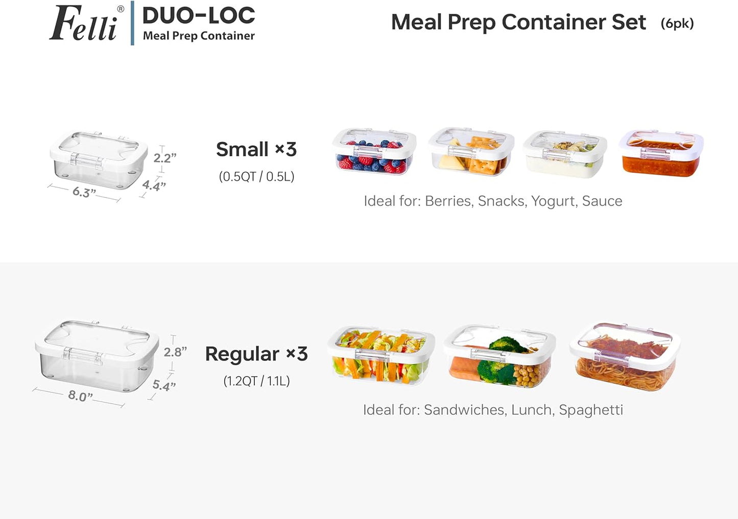 Felli Duo Loc Tritan Containers for Heating Food Microwave Safe Box, Airtight Food Storage for Fridge Freezer Salad On The Go Lunch Container Reusable | Great for Weekly Meal Plan Picnic Travel (6pk)