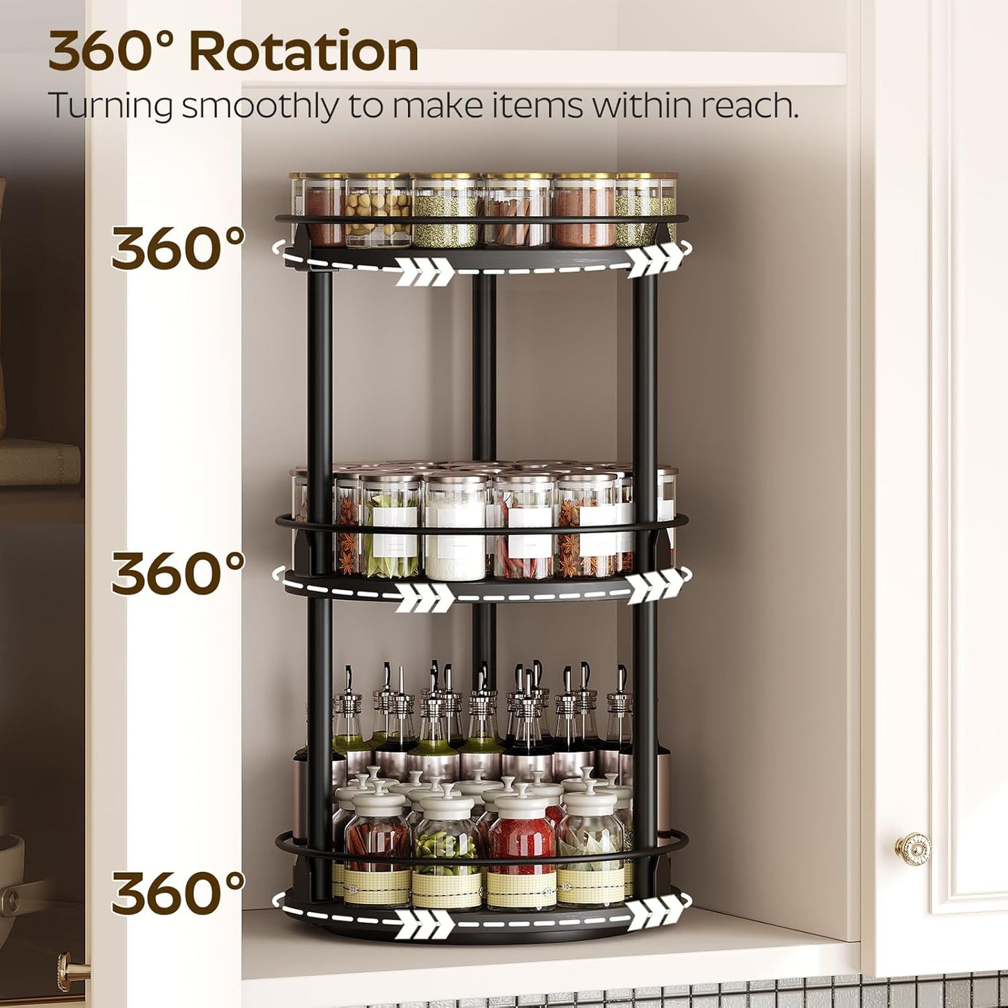 3-Tier Lazy Susan Organizer, Rotating Spice Rack, Spinning Organizer, Industrial Turntable Spice Rack Organizer for Cabinet, Kitchen Countertop, Pantry, Black SR23BK