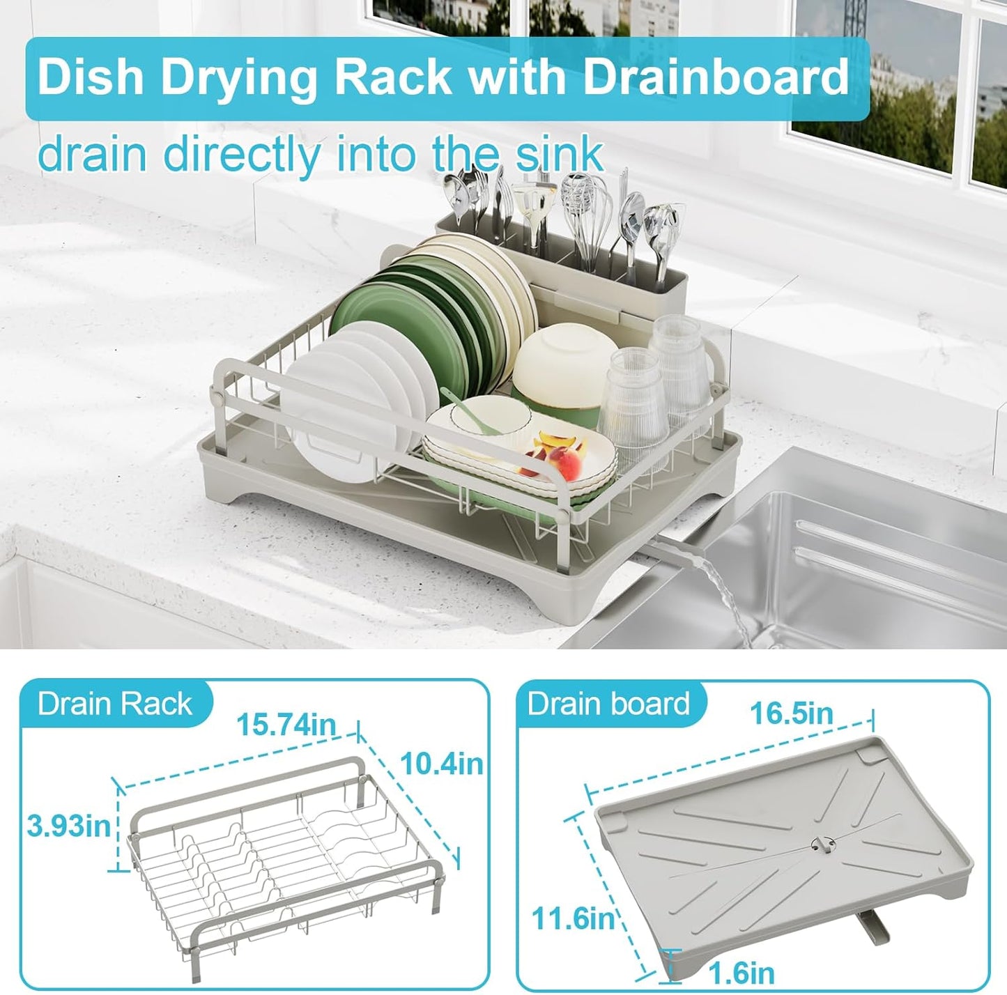 Dish Drying Rack - Space-Saving Dish Rack,Dish Racks for Kitchen Counter with Drainboard,Rustproof Countertop Dish Drainer with Utensil Holder for Sink Grey