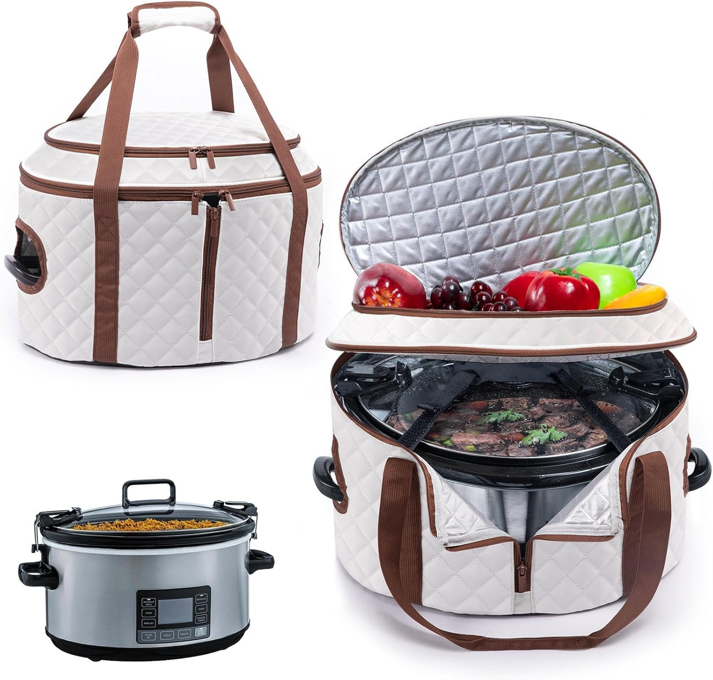 BAGSPRITE Double-layer Slow Cooker Carrying Case Compatible with 6-8 Quart Crockpot Carrier for Hot Food and Hamlton Beach Slow Cooker Tote with Lid Fastener for Crock-pot Dust Cover Applicances