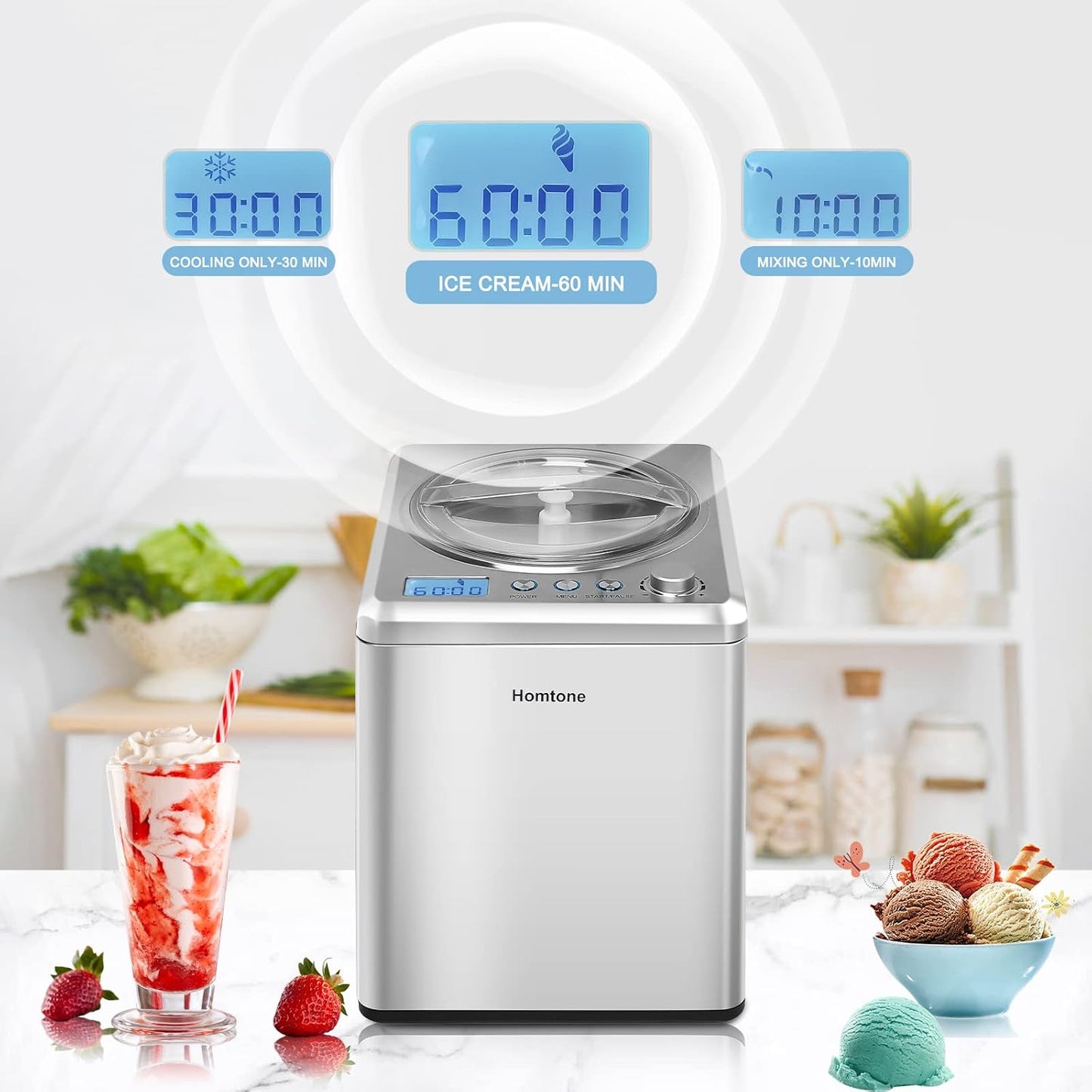 Homtone 2.64 QT Ice Cream Maker, No pre-Freezing & Large Capacity Automatic Ice Cream Machine with Compressor, Easy Operate & Clean, Keep Cooling for 2H, All Stainless Steel, LCD Digital Display