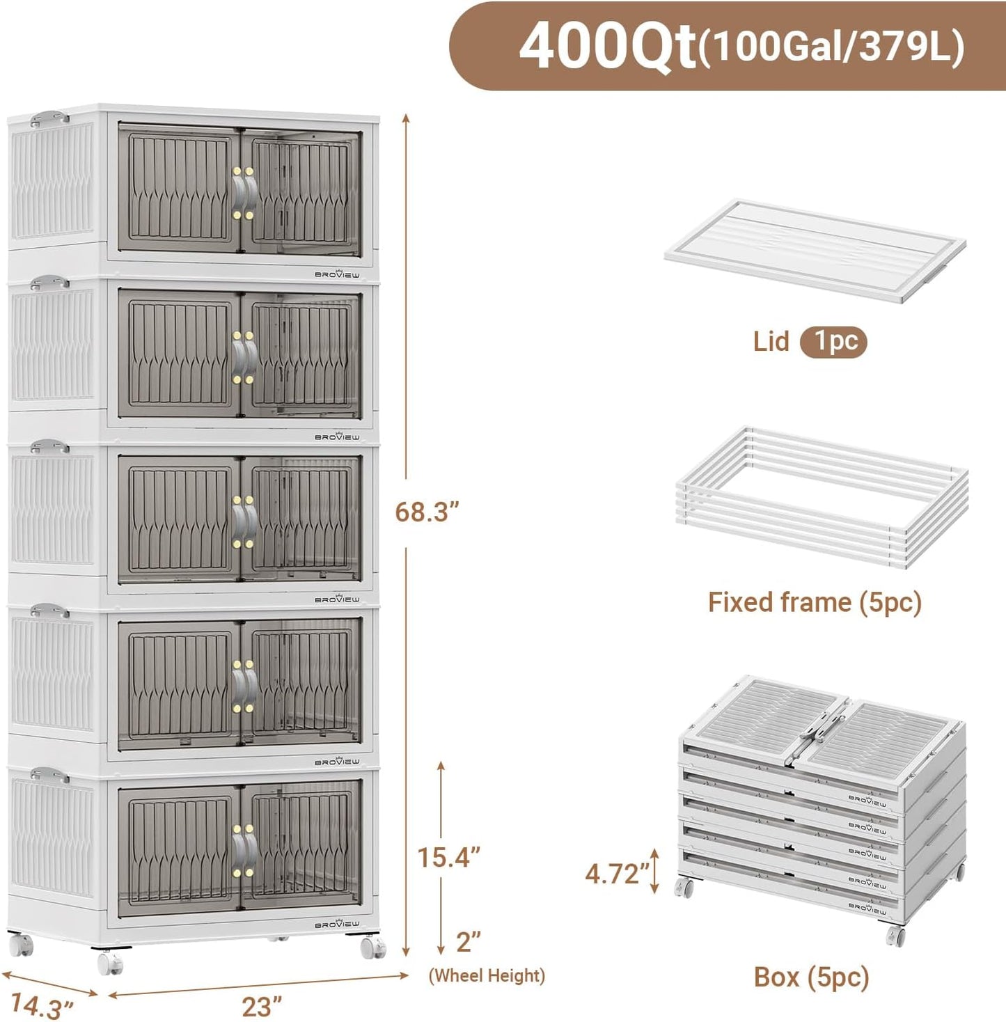 400Qt Stackable Storage Bins with Lid, Extra Large Closet Organizer Collapsible Drawer Boxes with Wheels, Folding Plastic Cabinet Containers for Home Kitchen Room Organization, 5Pack White