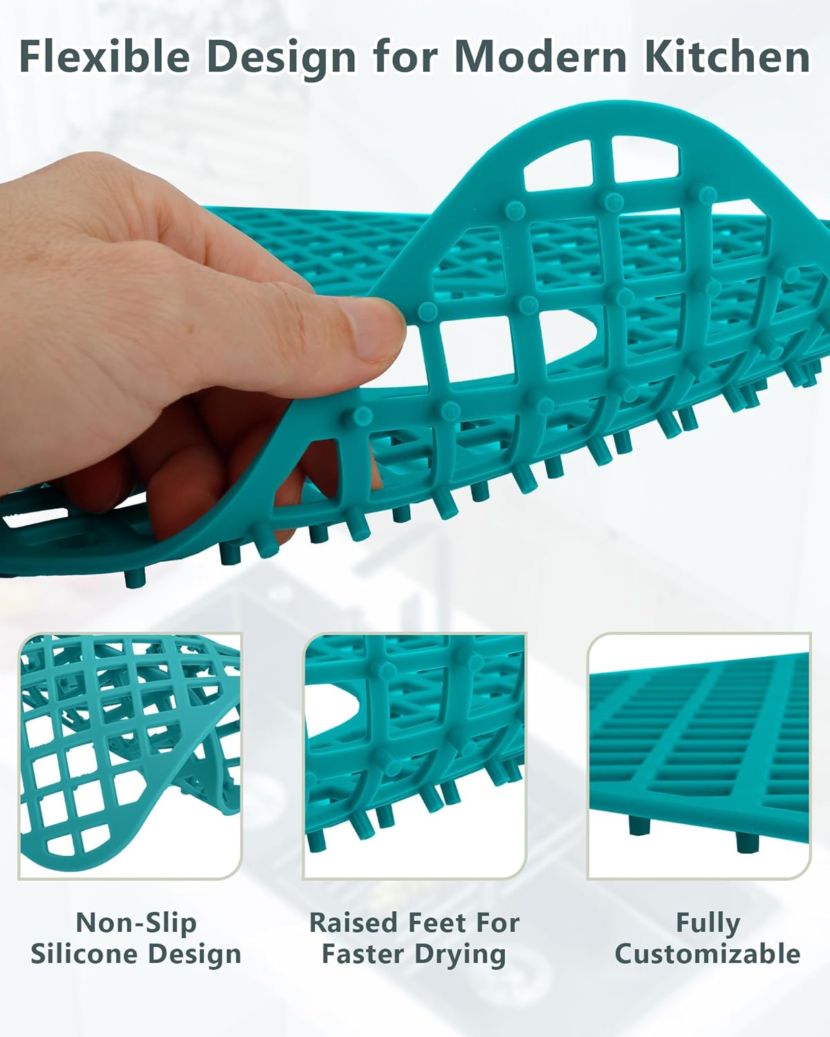 2 Pack Silicone Sink Protector for Kitchen Sink, Lozenge Pattern 13 x 11 inches Sink Grid Mat Silicone Protectors, Center Drain, Green