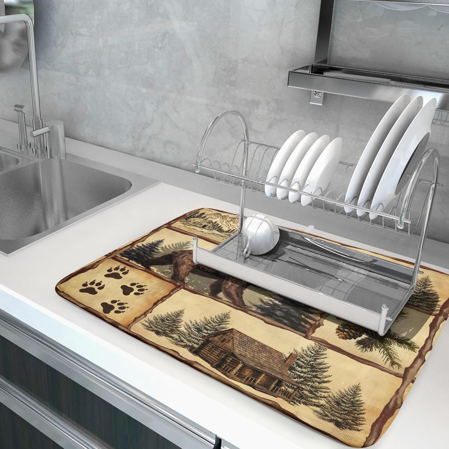 Vintage Bear Moose Dish Drying Mat 18x24 Inch Country Cabin Absorbent Dish Draining Mat Heat Resistant Drying Pad for Counter Sink Home