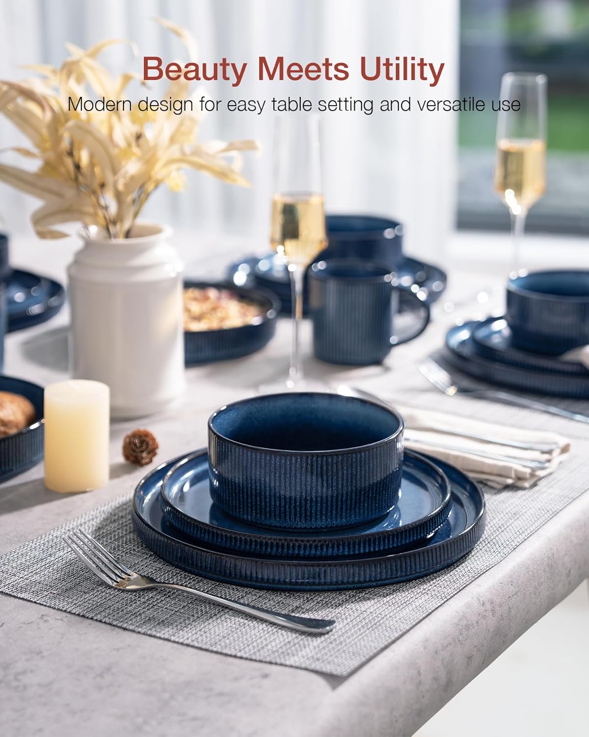 Famiware Star Dinnerware Sets, Plates and Bowls Set for 4, 12 Pieces Ribbed Dishes - Chip and Scratch Resistant, Microwave and Dishwasher Safe Tableware, Nebulas Blue
