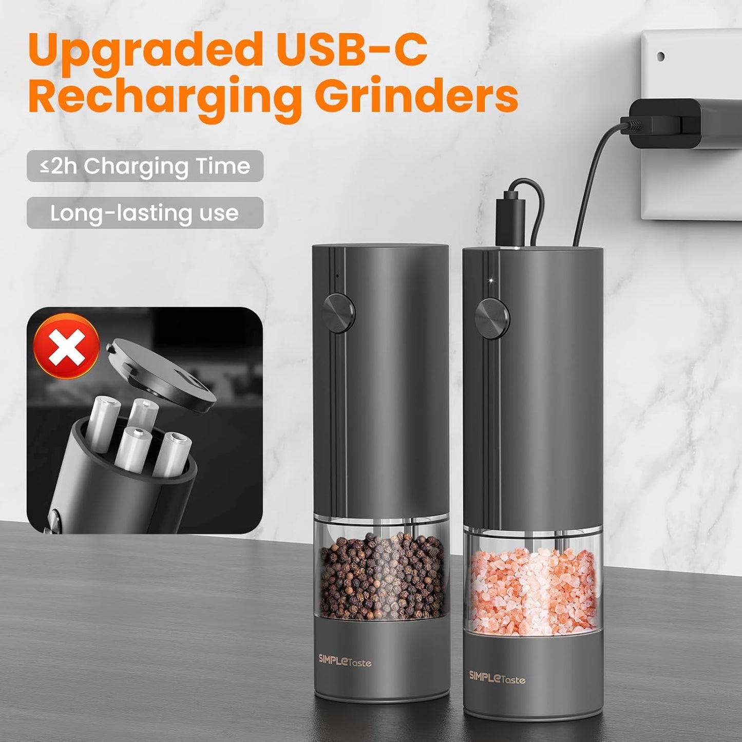 SIMPLETASTE Electric Salt and Pepper Grinder Set Rechargeable with LED Light and Dust Cover, Automatic Pepper Mill Shakers with Adjustable Coarseness, One Hand Operation for Kitchen, Dining, Gifting
