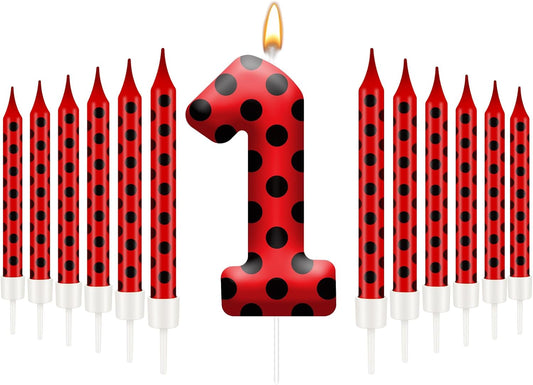 13PCS Ladybug Theme Birthday Candles Set - Red & Black Polka Dot Decorative Candles for Kids Ladybug Themed Parties, Baby Showers, Birthday Cakes, and Ladybird Inspired Celebrations(Number 1)