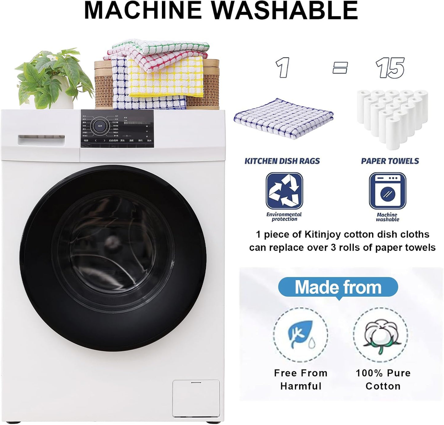 Kitinjoy Cotton 12 Pack Kitchen Towels and Dishcloths Sets, 16 x 25 Inch & 12 X 12 Inch Dish Towels Bulk, Super Soft and Absorbent Hand Towels for Kitchen Drying, Blue