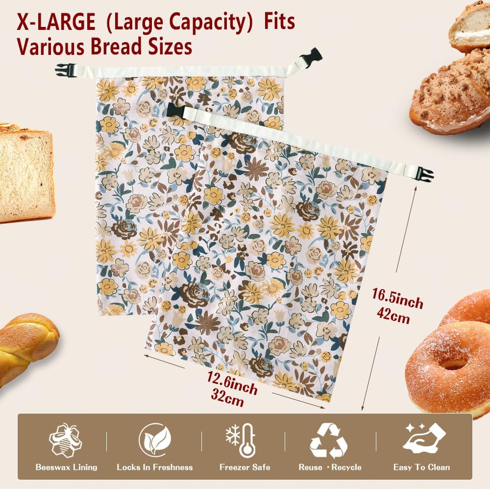 Bread Bags for Homemade bread,2 Pack Sourdough Bread Bags,Beeswax Bread Bags for Bourdough,Reusable Bread Storage