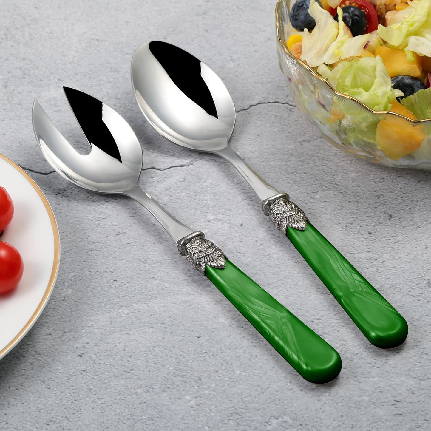 2-piece Salad Servers Stainless Steel Salad Serving Set Salad Fork and Spoon (Deep Green)