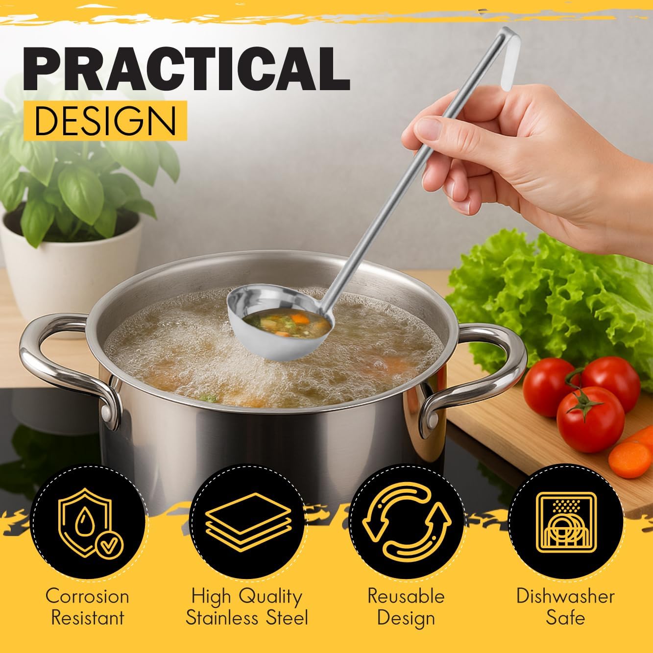 Ladle - Durable Stainless Steel Ladle Serving Measuring Soup Dressing Sauce Gravy Sturdy Dependable Long Handle for Kitchen (1, 3 Oz.)