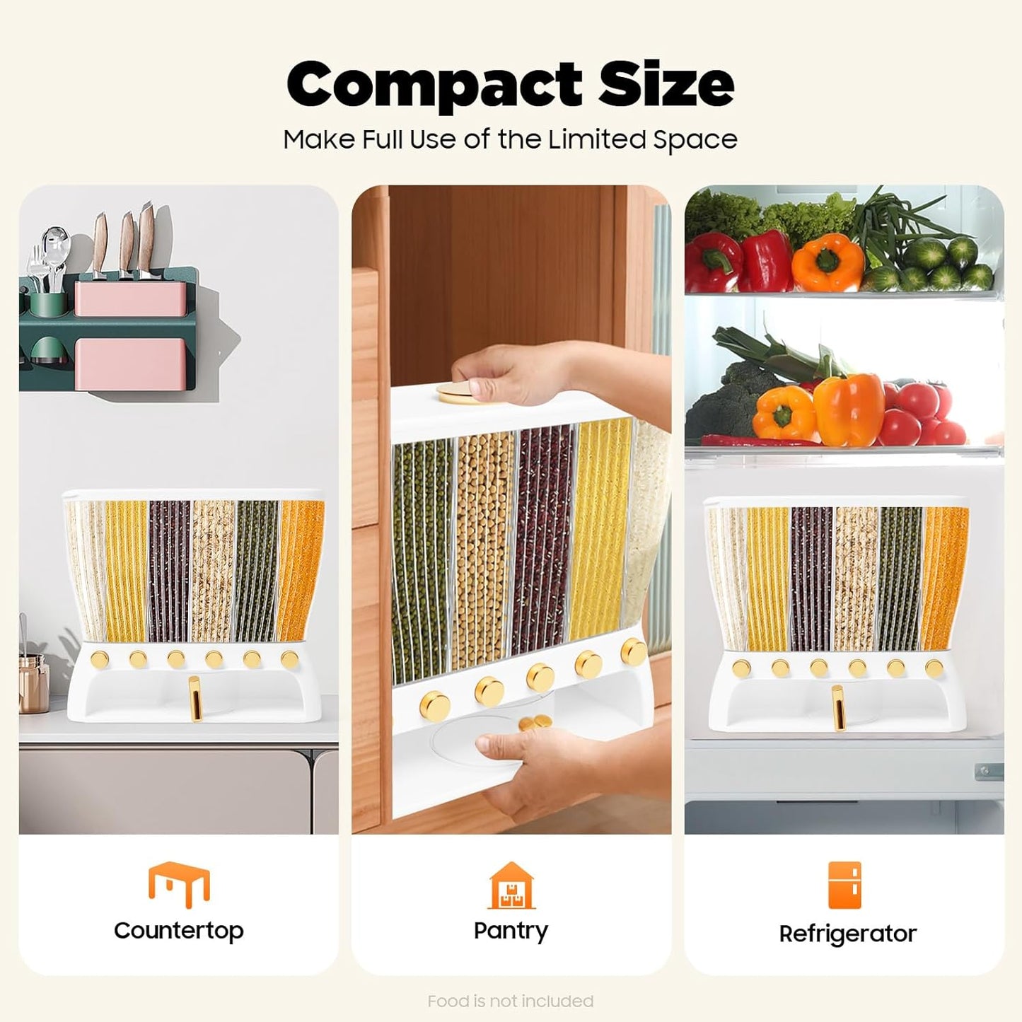 Food Storage Containers with 6 Divisions,Wall mounted 6 Grid Beans Dispenser,22Lbs Cereal Containers for Storing Flour & Sugar & Rice & Cereals & Nuts & Beans & Coffee