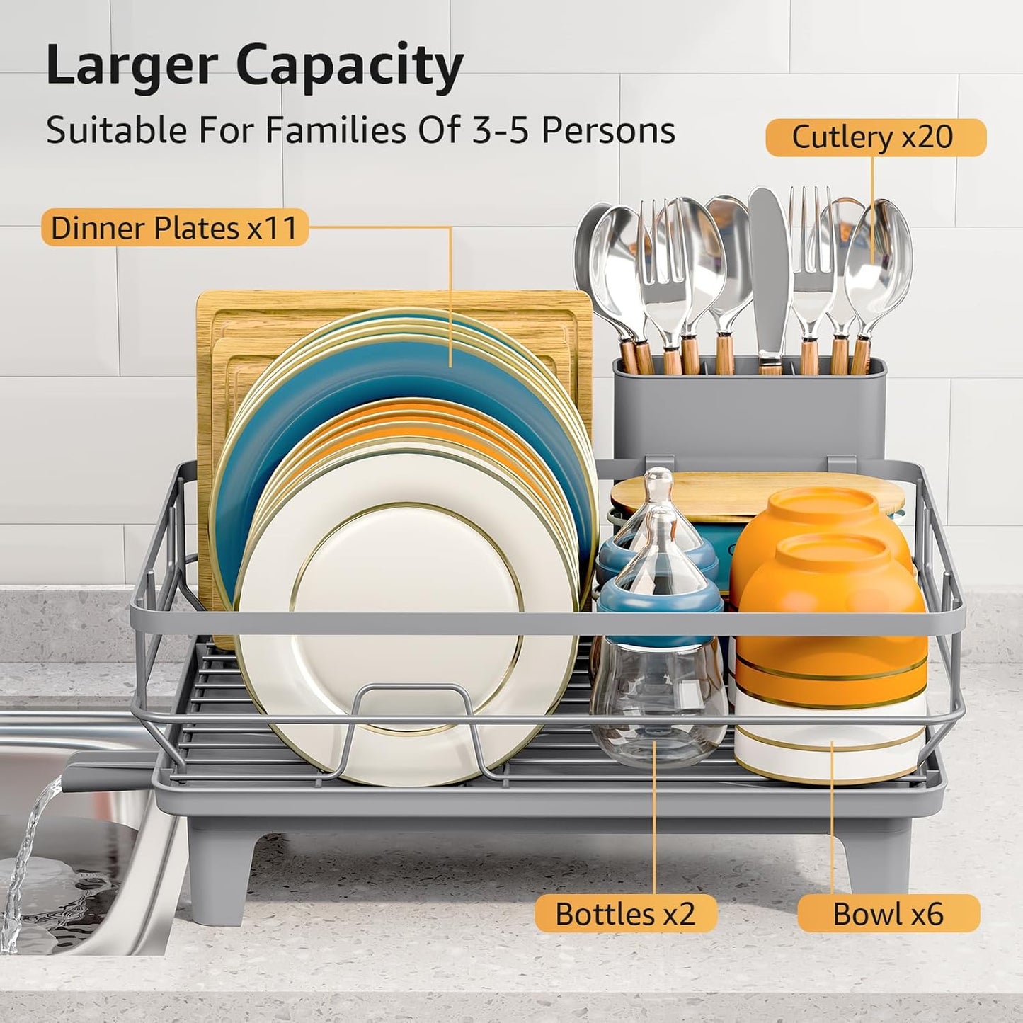 Dish Drying Rack for Kitchen Counter, Space-Saving Dish Rack, Multifunctional Dish Drainer Rack, Sink Kitchen Dishes Strainer, Dryer Rack with Drain Board, and Cutlery Holder,Small Size Gray