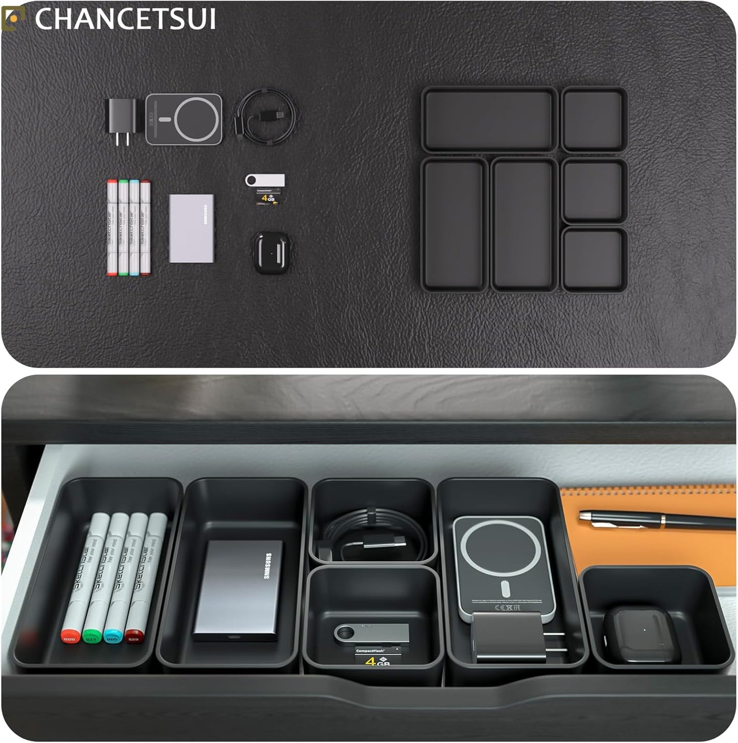 6 Pcs Stackable Drawer Organizer Set Desk Drawer Dividers, Bathroom Vanity Cosmetic Makeup Trays , Multipurpose Plastic Storage Bins for Jewelries, Kitchen Gadgets and Office Accessories, Black