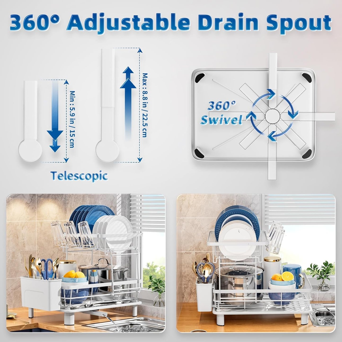 2 Tiers Dish Drying Rack, Space-Saving Dish Racks for Kitchen Counter, Dish Drainer Drying Rack with Drainboard, Utensil Holder Cups Holder and Adjustable Swivel Spout, White