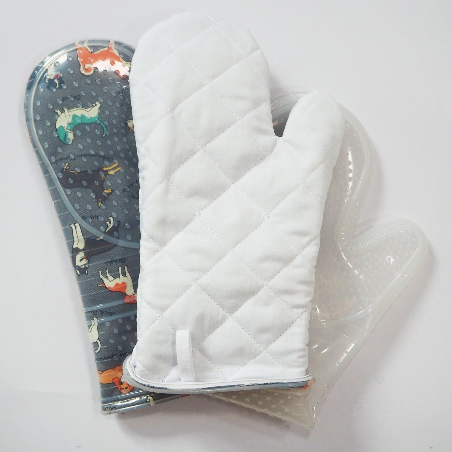 Oven Mitts Set of 2 with Transparent Clear Silicone Shell and Nice Dog Printing Cotton Lining, Heat Resistant to 500 F Kitchen Oven Gloves Pot Holder for Cooking (Gray)