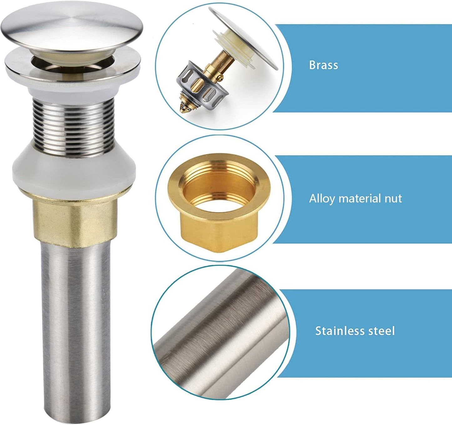 Bathroom Sink Drain,Drain Stopper Bathroom Sink Without Overflow,Pop Up Drain Assembly with Detachable Strainer Basket,Built-in Anti-Clogging Strainer,Stainless Steel Brushed Nickel