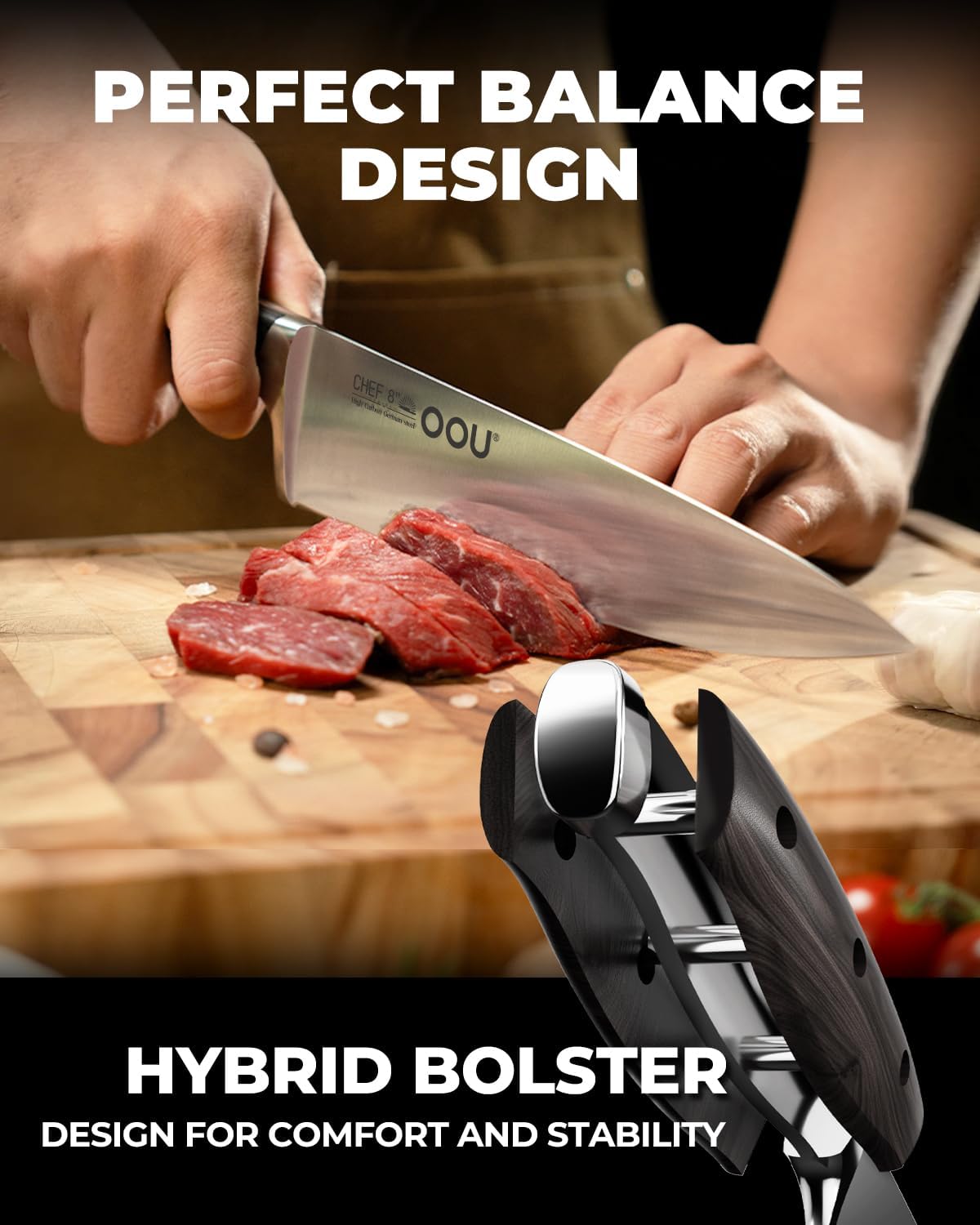 OOU 15-Piece Kitchen Knife Set with Block, German Stainless Steel Knife Blcok Set with Sharpening Rod, Ergonomic Wood Handle, Premium Cutlery Set with Steak Knives