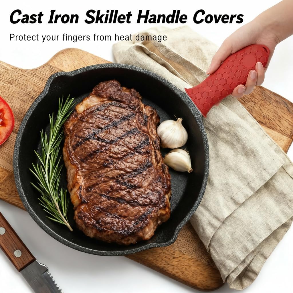 3 Pack Silicone Cast Iron Skillet Handle Cover - Heat Resistant Pot Handle Sleeve Grip for Frying Pans, Griddles, Dutch Ovens & Baking Sheets (Red)