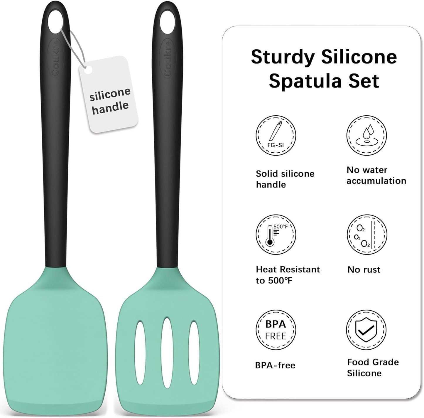 Coukre 2 Pack Silicone Spatula Set, High Heat Resistant, BPA Free Kitchen Spatula, Solid & Slotted Turner for Non-Stick Pans, Sautéing, and Flipping (2, AquaGreen)