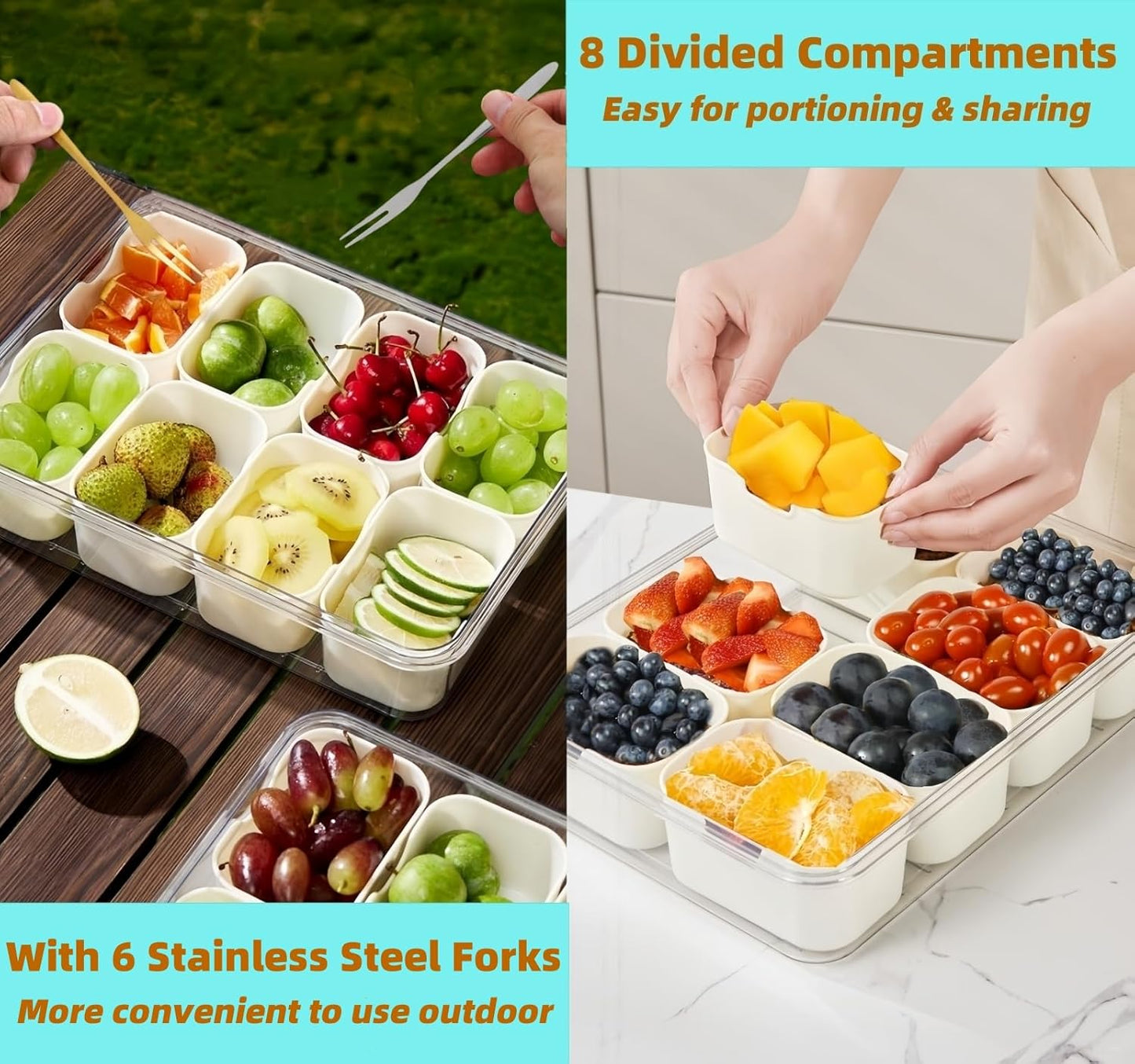 2 Pack Snackle Box Container, Divided Serving Tray with Lid & Handle, Portable Snack Box Food Organizer for Nuts,Candy,Fruits, Snack Platter with 8 Compartments&6 forks for Party, Picnic, Travel
