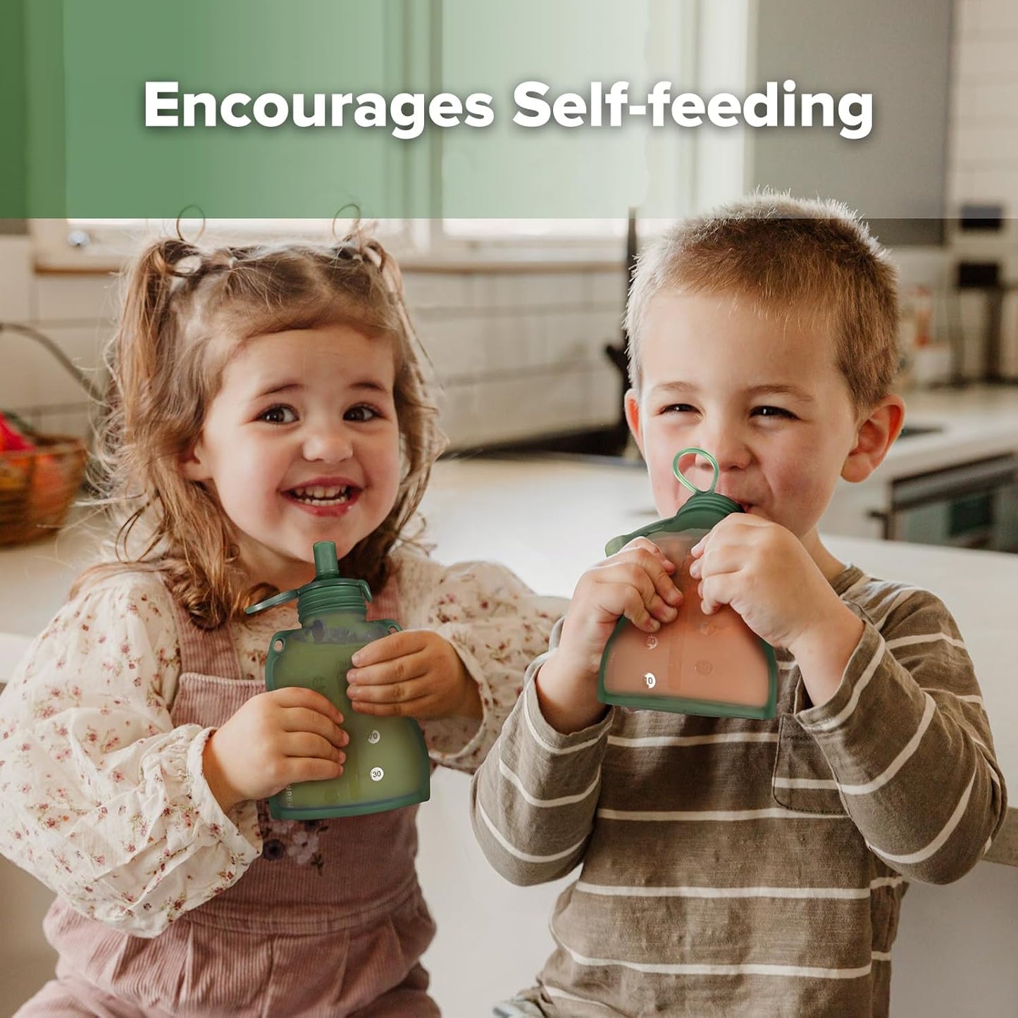 haakaa Baby Food Pouch Refillable Baby Squeeze Silicone Yummy Pouch, Soft Reusable Squeeze Storage Food Pouch for Kids Toddler,Home Made Food Puree,Smoothie Pouch Bag, 4oz, 4 Pack,6m+(Pea Green)