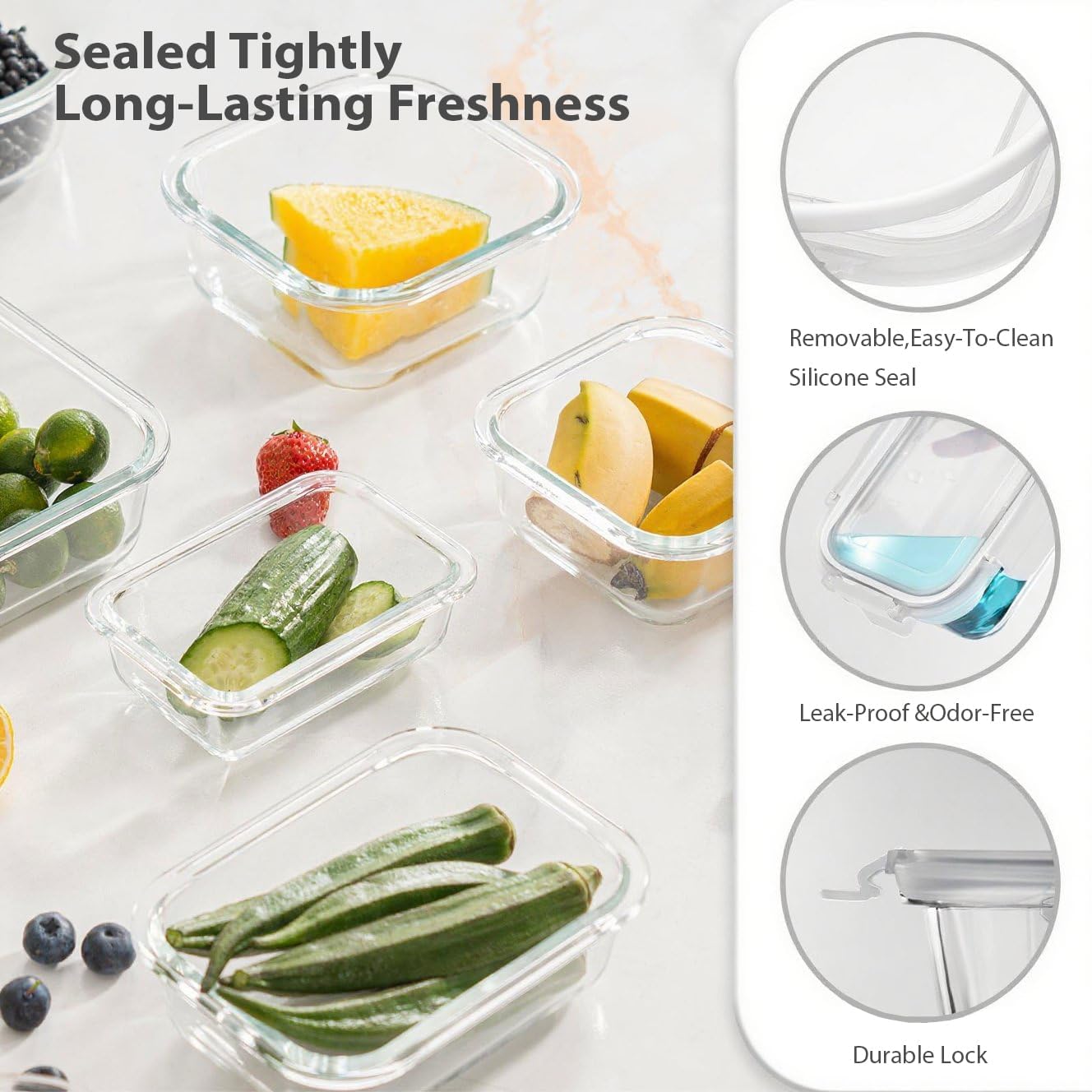 GENICOOK 30 Pieces Glass Food Storage Containers with Snap Locking Lids,Glass Meal Prep Containers Set - Airtight Lunch Containers, Microwave, Oven, Freezer and Dishwasher White