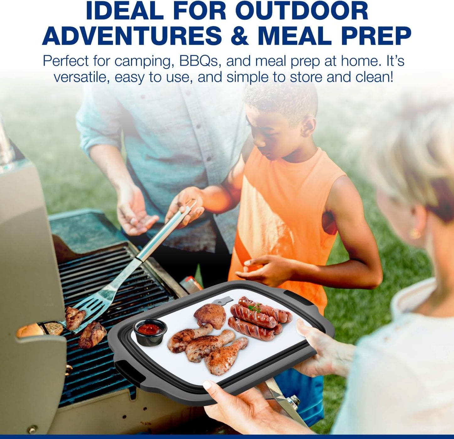 2-Pack XL Collapsible BBQ Prep Tub with Built-In Cutting Board, Lid & Strainer – Marinate, Drain & Prep – Large Food-Safe Container – Perfect for Grilling, Smoking & Outdoor Cooking (Black)