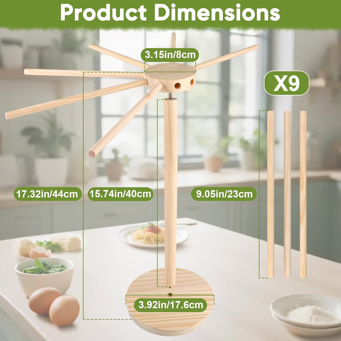 Pasta Drying Rack - 9 Sticks Wooden Pasta Dryer Stand for Homemade Fresh Pasta, Spaghetti, Fettuccine, Tagliatelle - Large Detachable Natural Wood Noodle Rack, Space Saving & Sturdy Design
