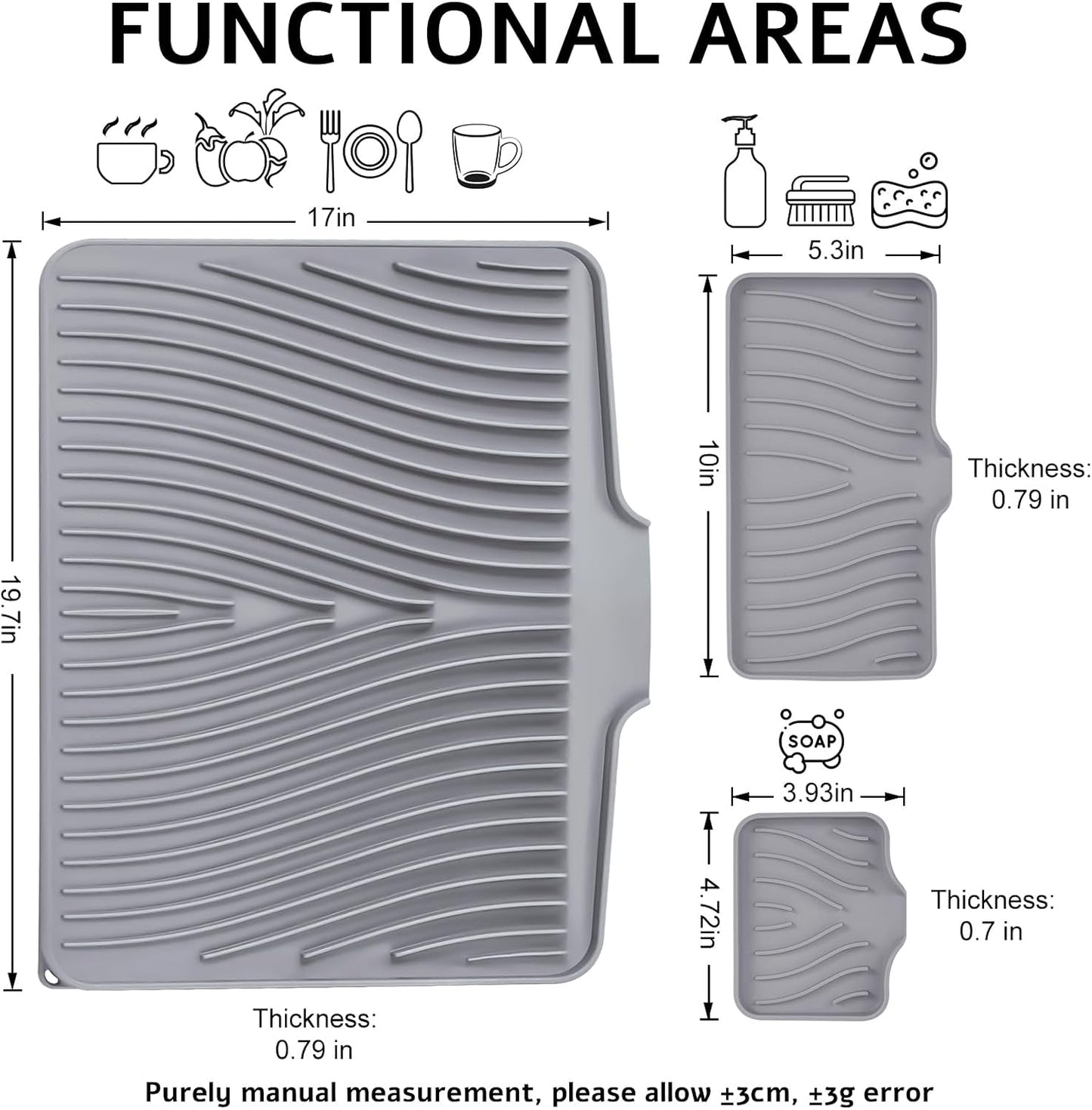 Silicone Dish Drying Mat for Kitchen Counter, Dish Drying Pad, Non-Slip Drain Pad with Built-in Drain, Heat Resistant Stone Drying Mat, 1 set XL(Grey)