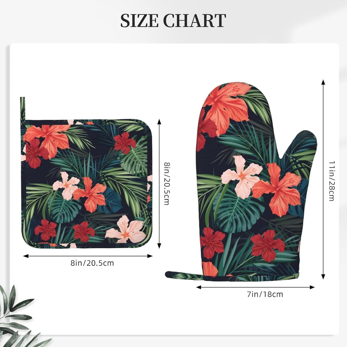 Tropic Hawaiian Hibiscus Flower Oven Mitts Pot Holders Set Silicone Heat Resistant Green Leaves Red Floral Oven Mitts and Hot Pads Potholders Non-Slip Oven Gloves for Cooking Baking Grilling
