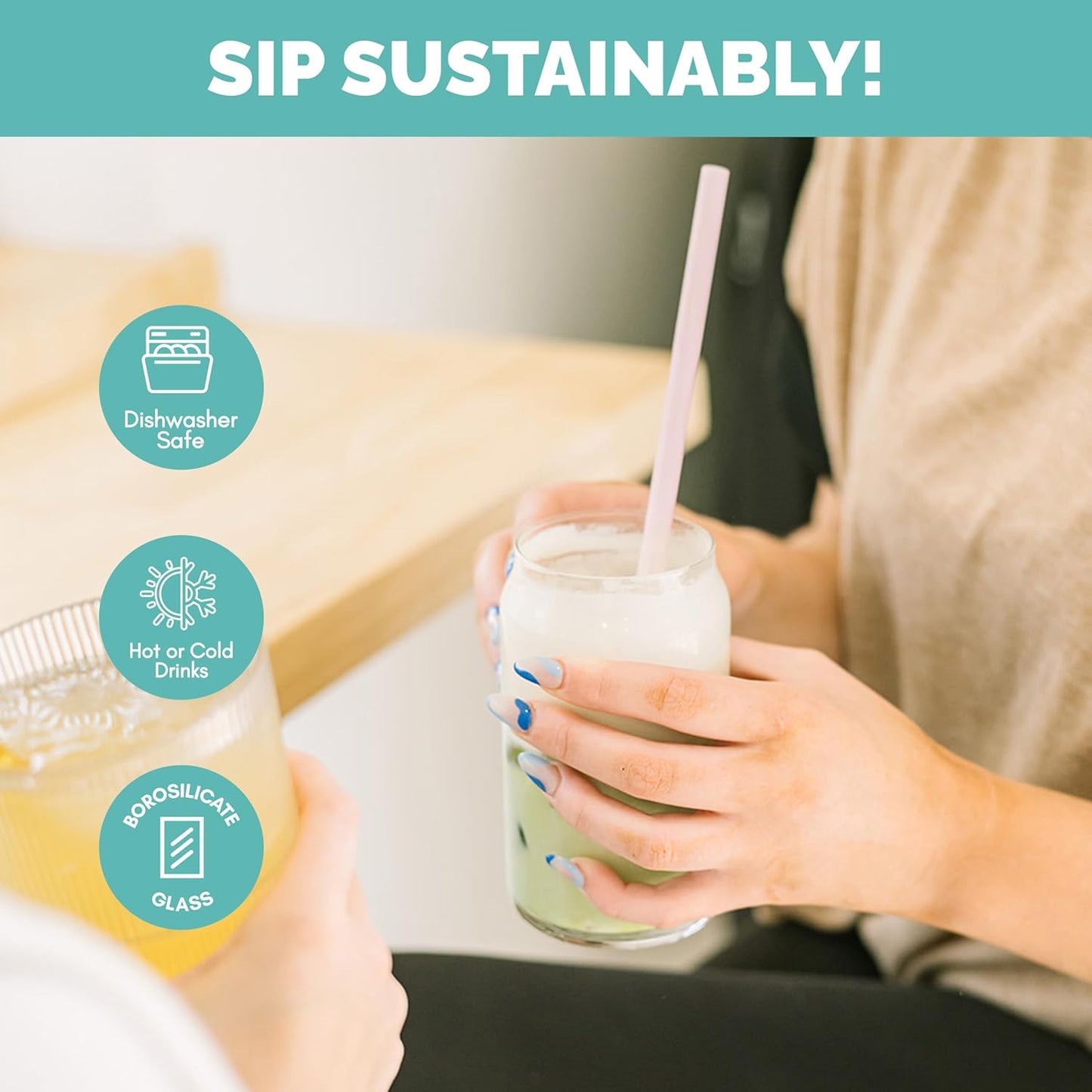 Simply Straws 6 Inch Glass Straws Straight (6-Pack) – Reusable Glass Straws for Low Balls & Stemless Glasses, with Cleaning Brush – Dishwasher Safe, Hot & Cold Use, BPA-Free (Meadow)