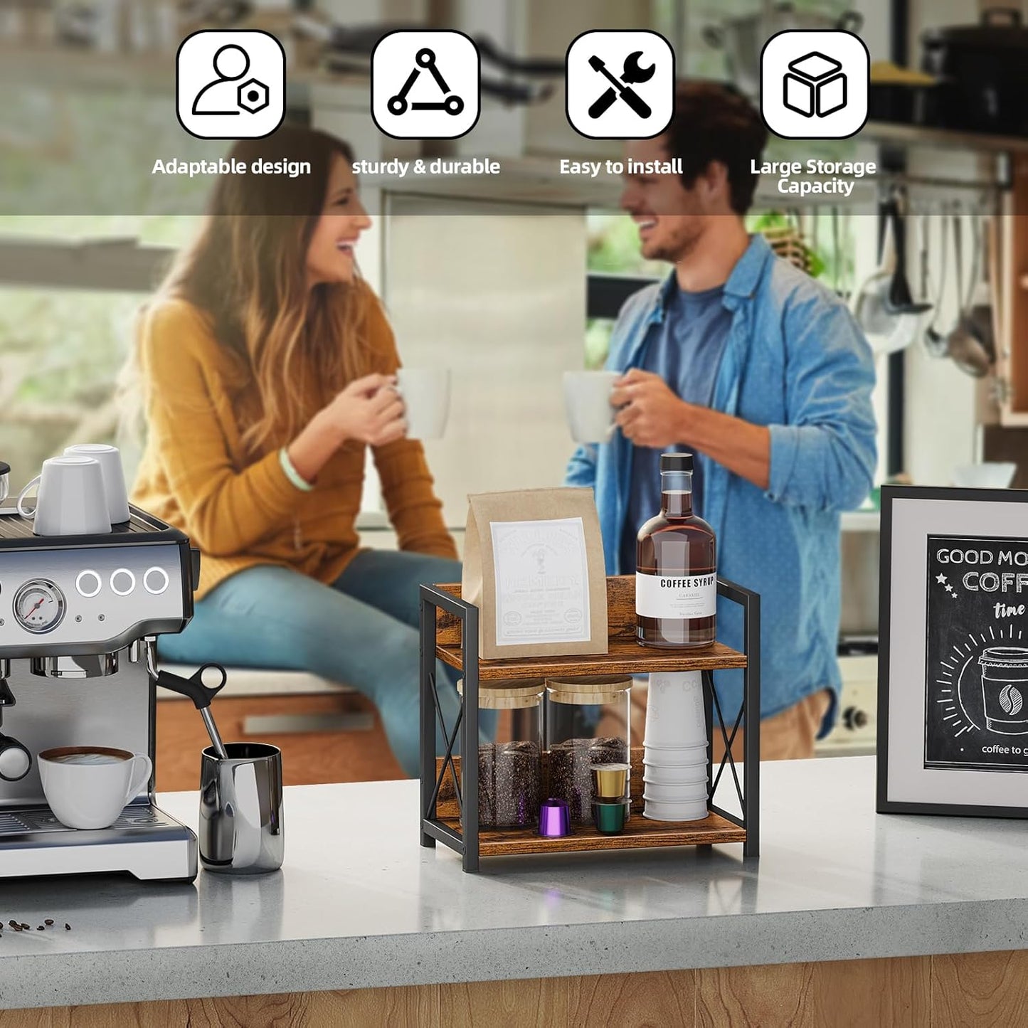 Giikin Countertop Shelf Organizer, 2 Tier Kitchen Spice Rack for Countertop, Wood Coffee Counter Shelf Organizer for Home (Brown, S)