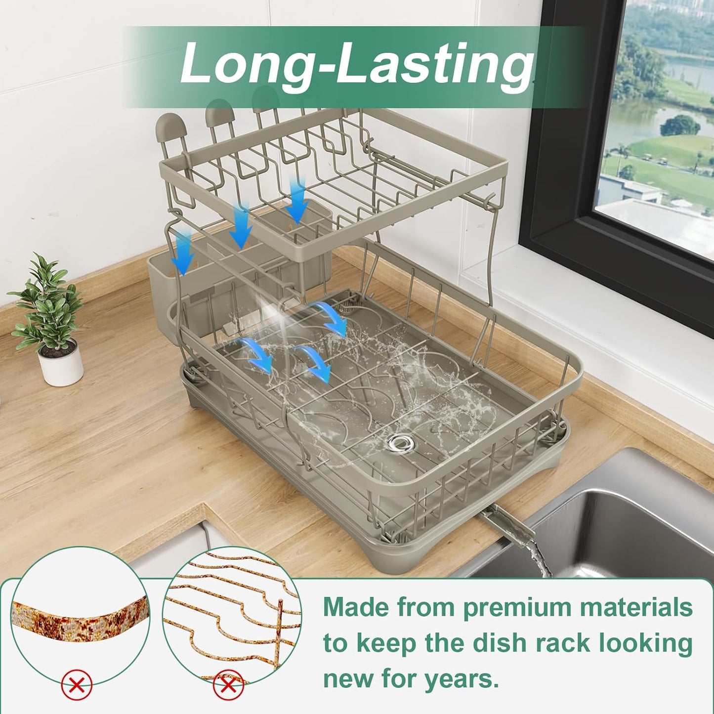 Dish Drying Rack, 2-Tier Dish Drying Rack with Utensil Holder – Large Capacity Auto-Draining Dish Drainer with Drainboard for Kitchen Counter, Grey