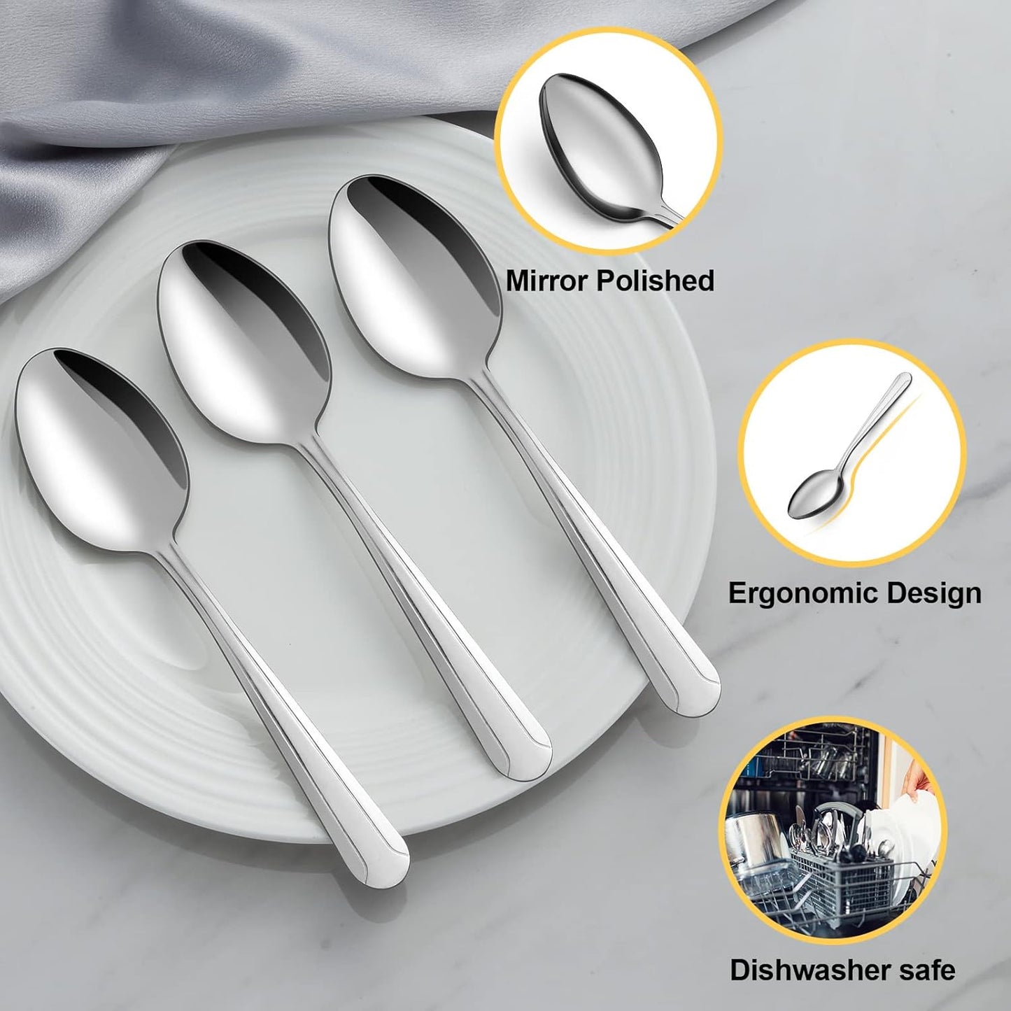 BEWOS 24 Pieces Spoons Set, 7.5 Inchs Spoons Silverware, Stainless Steel Spoons, Dinner Spoons, Mirror Polished Tablespoons, Dishwasher Safe, Silver Spoons for Home, Restaurant