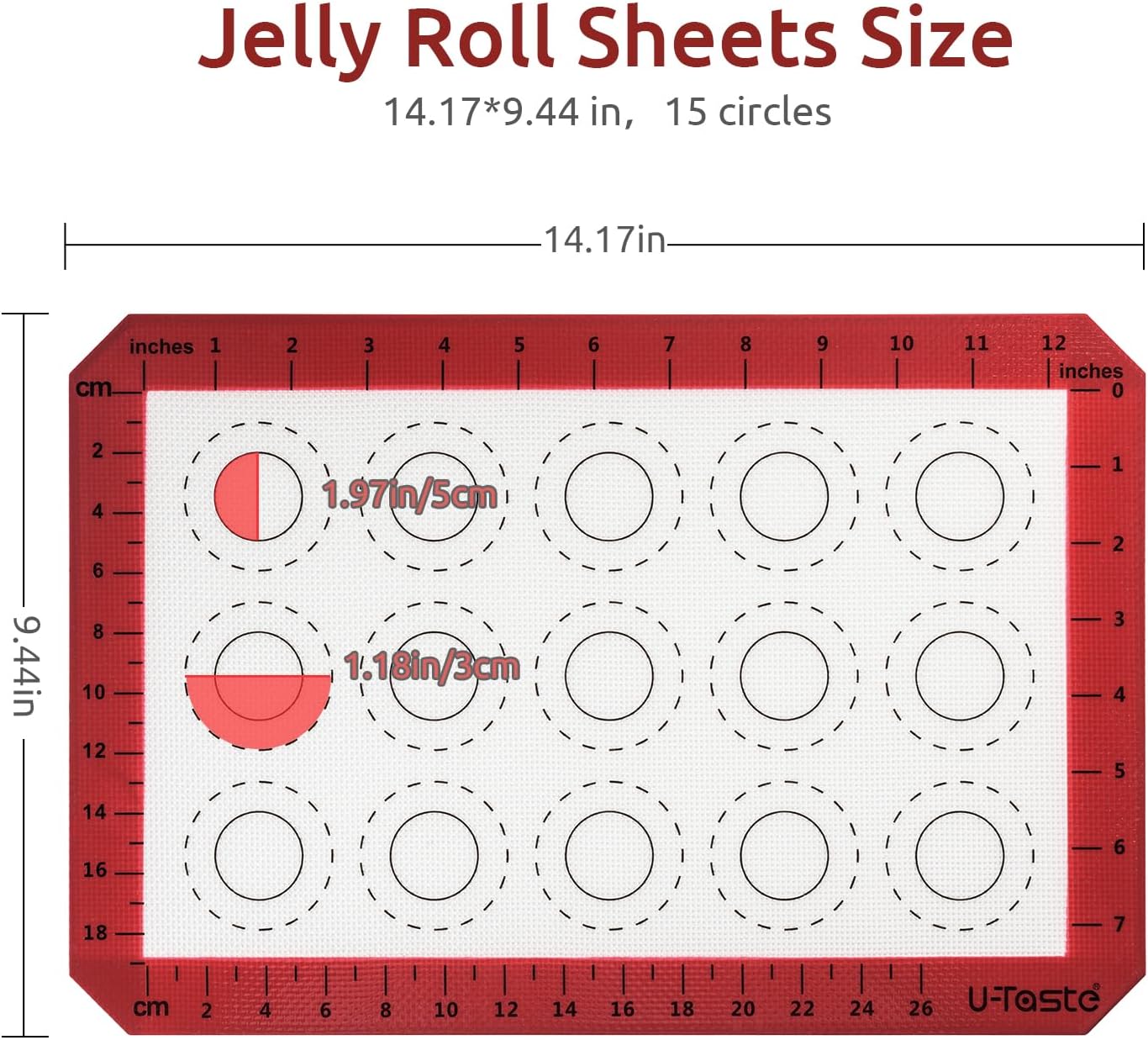 446ºF Heat Resistant Macaron Mat: U-Taste 14.17x9.44in Non Stick Silicone Baking Mat, Reusable Cookies Pastry Sheet Liner with Edge Enhancement & Circle Measurement for Cake Pan (Red)