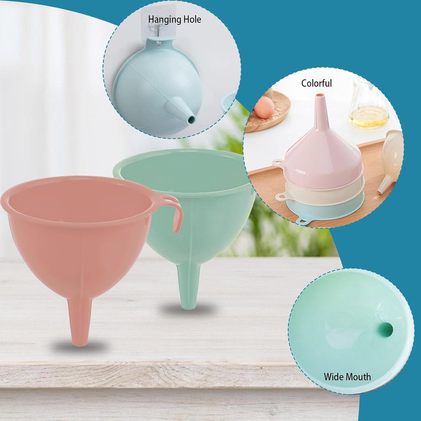 3-Piece Plastic Funnel Set - 5-Inch Diameter Kitchen Funnels for Bottles, Jars, and Lab Use (Off-White)