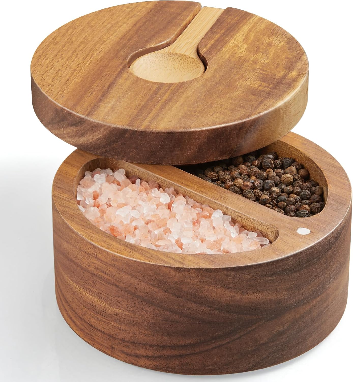 2-Compartment Acacia Salt Box with Lid and Spoon, Salt Cellar with Swivel Lid, Salt Container Holder for Sea Salt Herbs or Favorite Seasonings, Dual 6 oz Salt Bowl