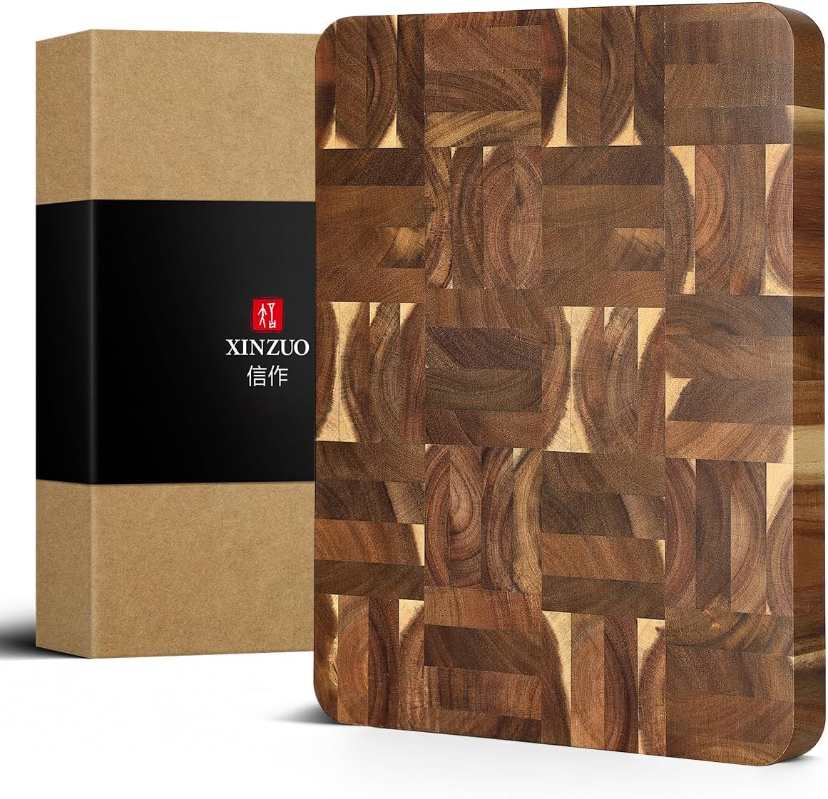XINZUO Large Thick End Grain Acacia Wood Cutting Board -(16‘’L x 12''W x 1.6''T)-Dark Wood Cutting Board,Reversible Wooden Chopping Board with Non-Slip Feet-Catches Food and Waste-Giftbox