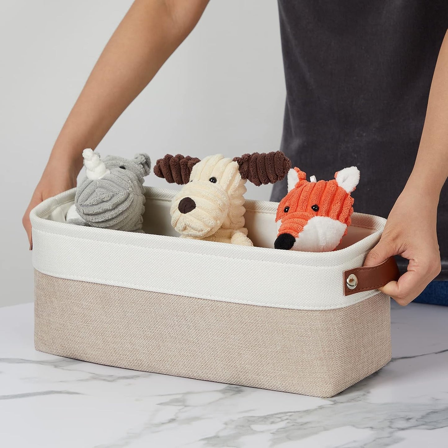 DULLEMELO 2-Pack Bathroom Baskets for Toilet, Small Storage Bins for Organizing Closets, Cabinets, Shelves, Canvas Fabric Storage Basket Bins With Leather Handles for Empty Gift Basket (White&Khaki)