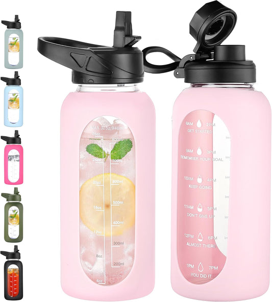 CIVAGO 32 oz Glass Water Bottle with Straw and Handle, Large Sports Motivational Water Bottle Flask with Time Marker and 2 Lids, Leakproof Water Jug Canteen with Silicone Sleeve for Gym,Blush