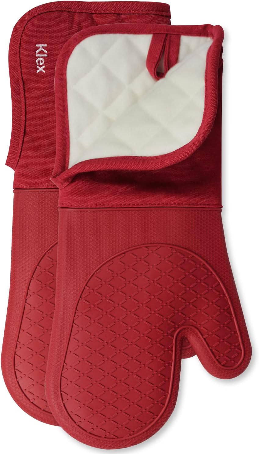 Klex Extra Long Silicone Oven Mitts, 932°F Degrees Heat Resistance with Quilted Cotton Liner Oven Gloves, 2 Piece Set, 15 inch, Red