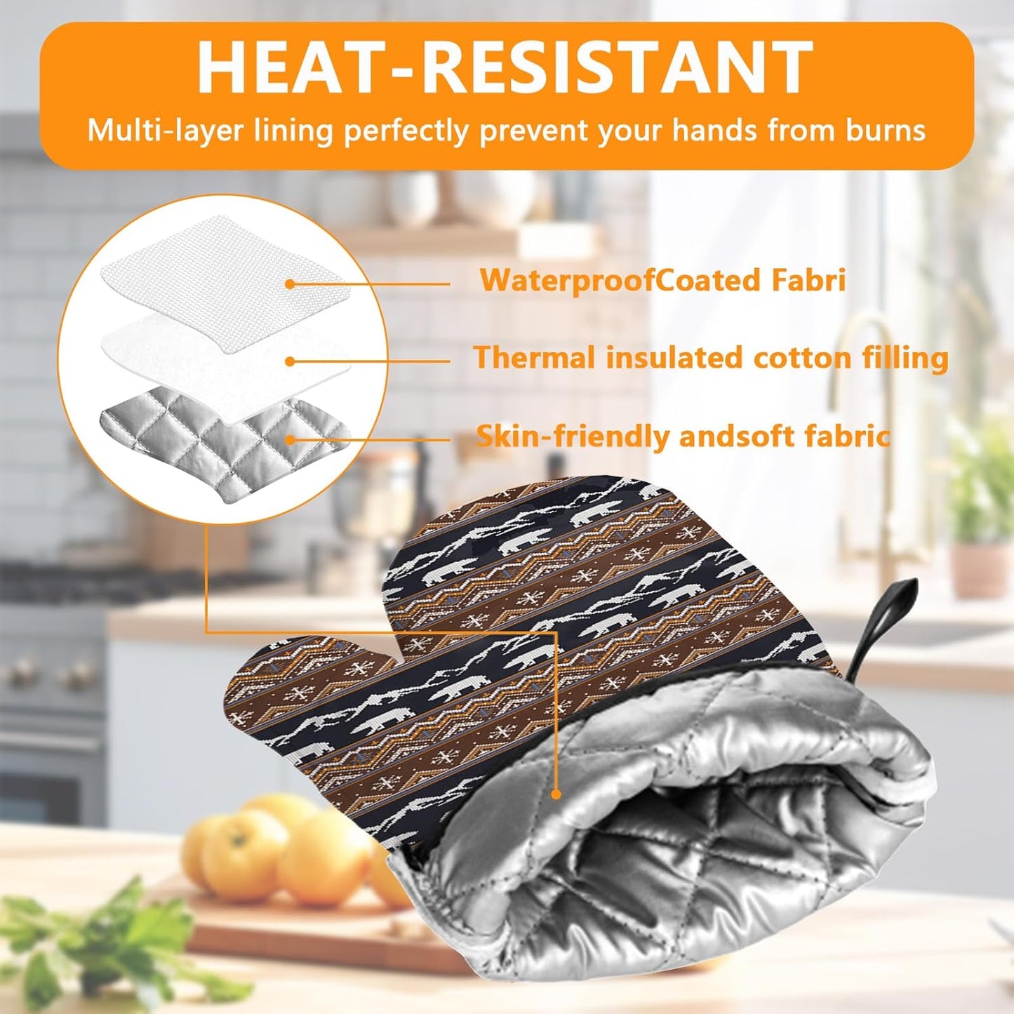 Vintage Rustic Bear Oven Mitts and Pot Holders Sets 4Pcs,Extra Long Oven Gloves Potholder for Kitchen Cooking Baking BBQ 100% Cotton Heat Resistant