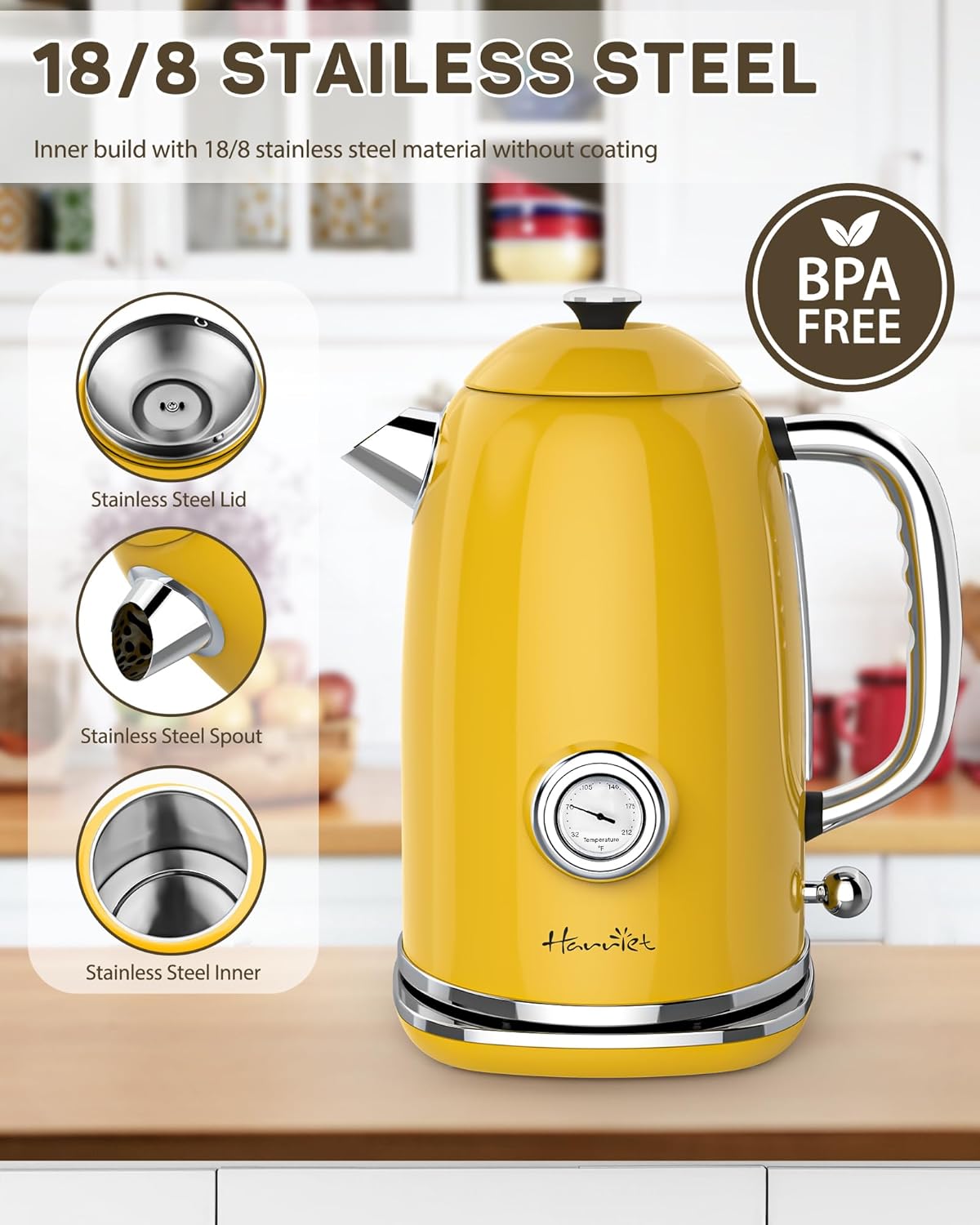 Harriet Electric Kettle, 1.8L Retro Electric Tea Kettle with Thermometer, 1500W Stainless Steel Hot Water Kettle Electric with LED Indicator, Fast Boiling, Cordless, Auto Shut-Off, Yellow