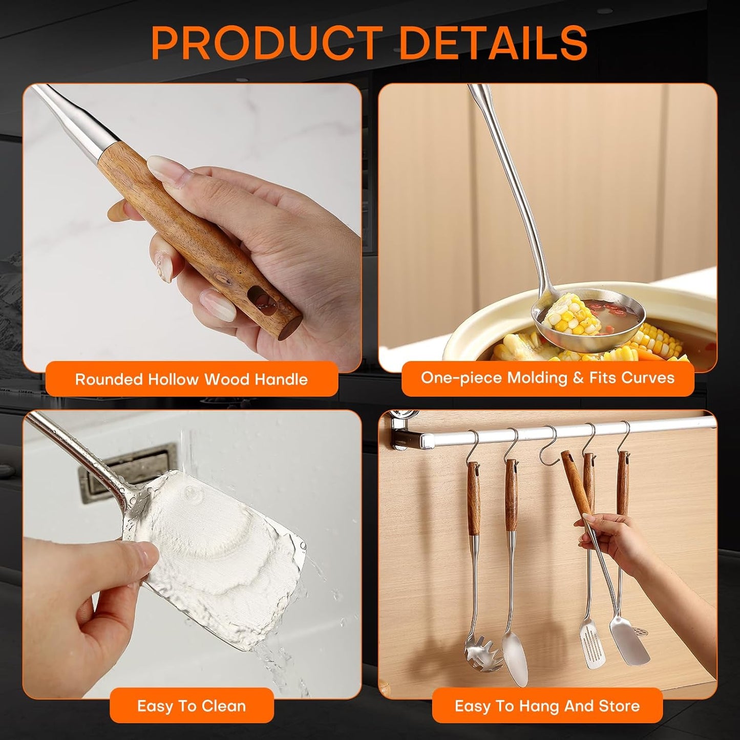 Lazycorner 304 Wooden Handle Stainlss Steel Kitchen Utensils Set 6 Pcs Cooking Utensils Set Heat Resistant Wooden Handle Kitchen Tools, Stainless Steel Wok Spatula