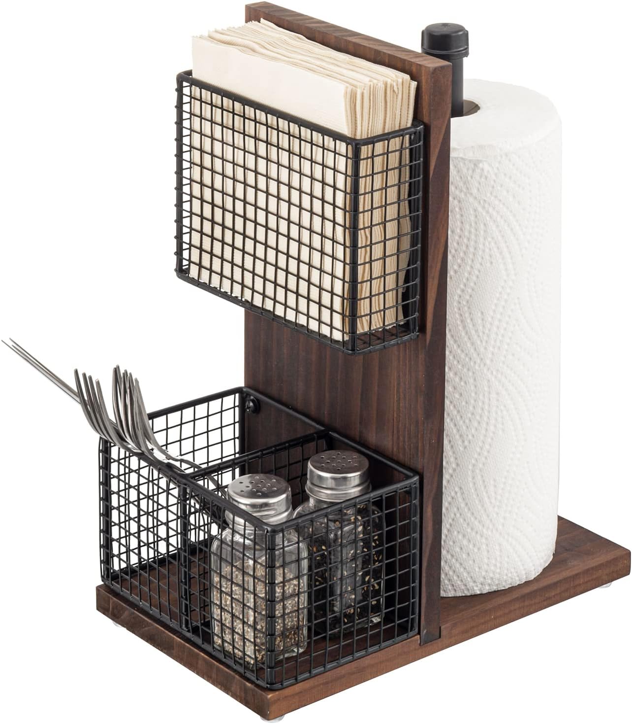 MyGift 3-in-1 Kitchen Organizer with Paper Towel Holder, Napkin Holder & Spice Rack - Rustic Wood & Industrial Metal Pipe Caddy for Farmhouse Dining Table