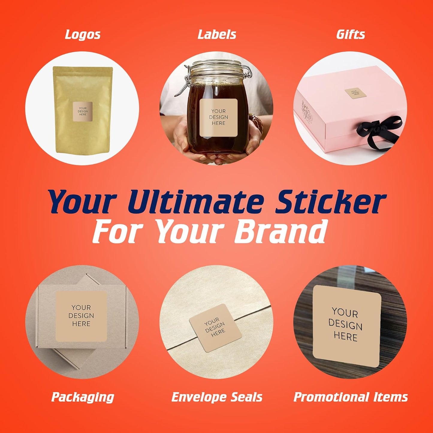 100 Custom Vinyl Stickers - Upload Your own Image, Text, Design, Logo - Personalized Logo Labels for Handmade, Packaging, Bottle, Jars, Candle, Brand Stickers (Brown, 1.5x1.5 Square)