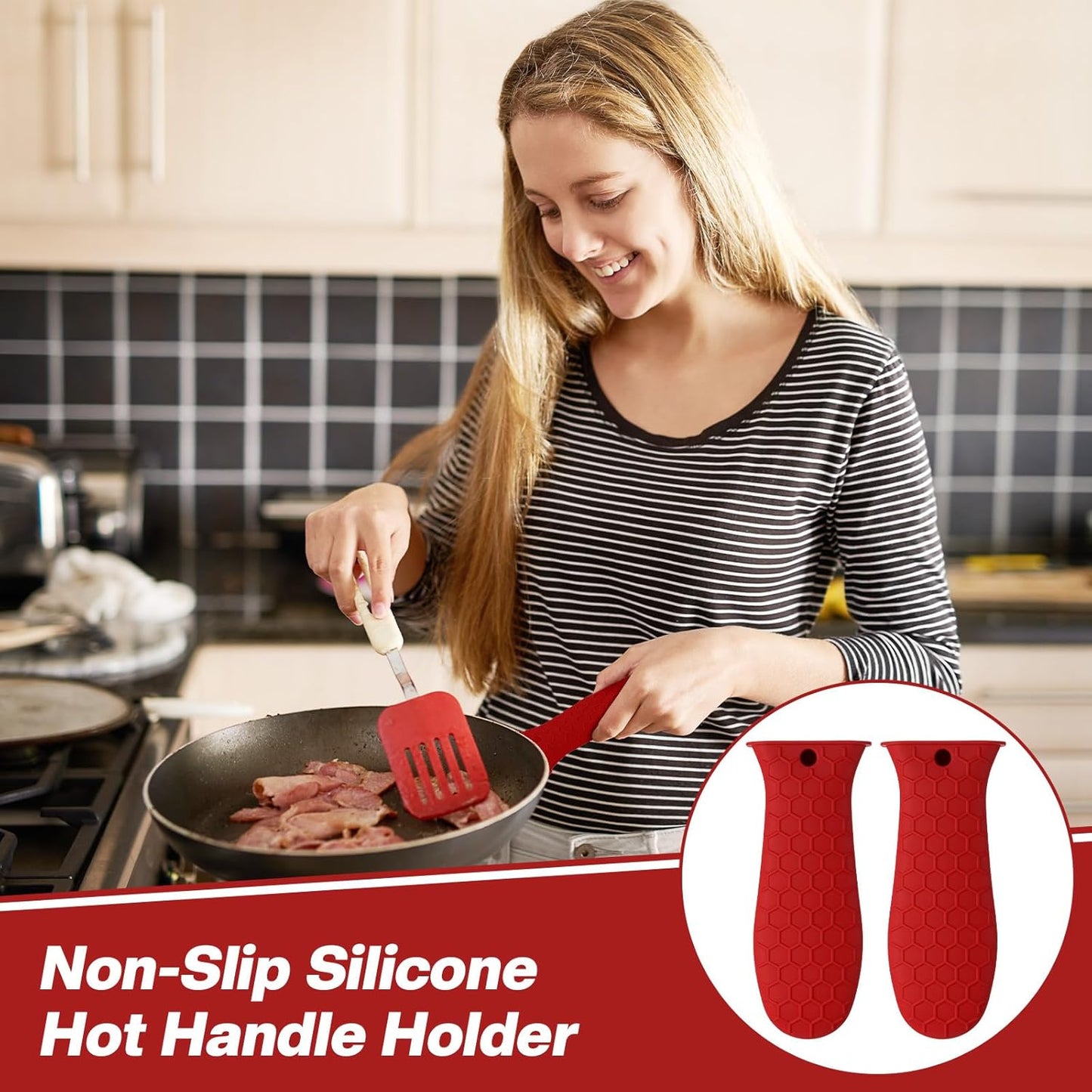 Patelai 2pcs Silicone Handle Cover for Cast Iron Skillet Kitchen Silicone Handles for Pots and Pans Non-Slip Pot Holder Sleeve for Fry Pan Griddles Metal Aluminum Cookware(Red)