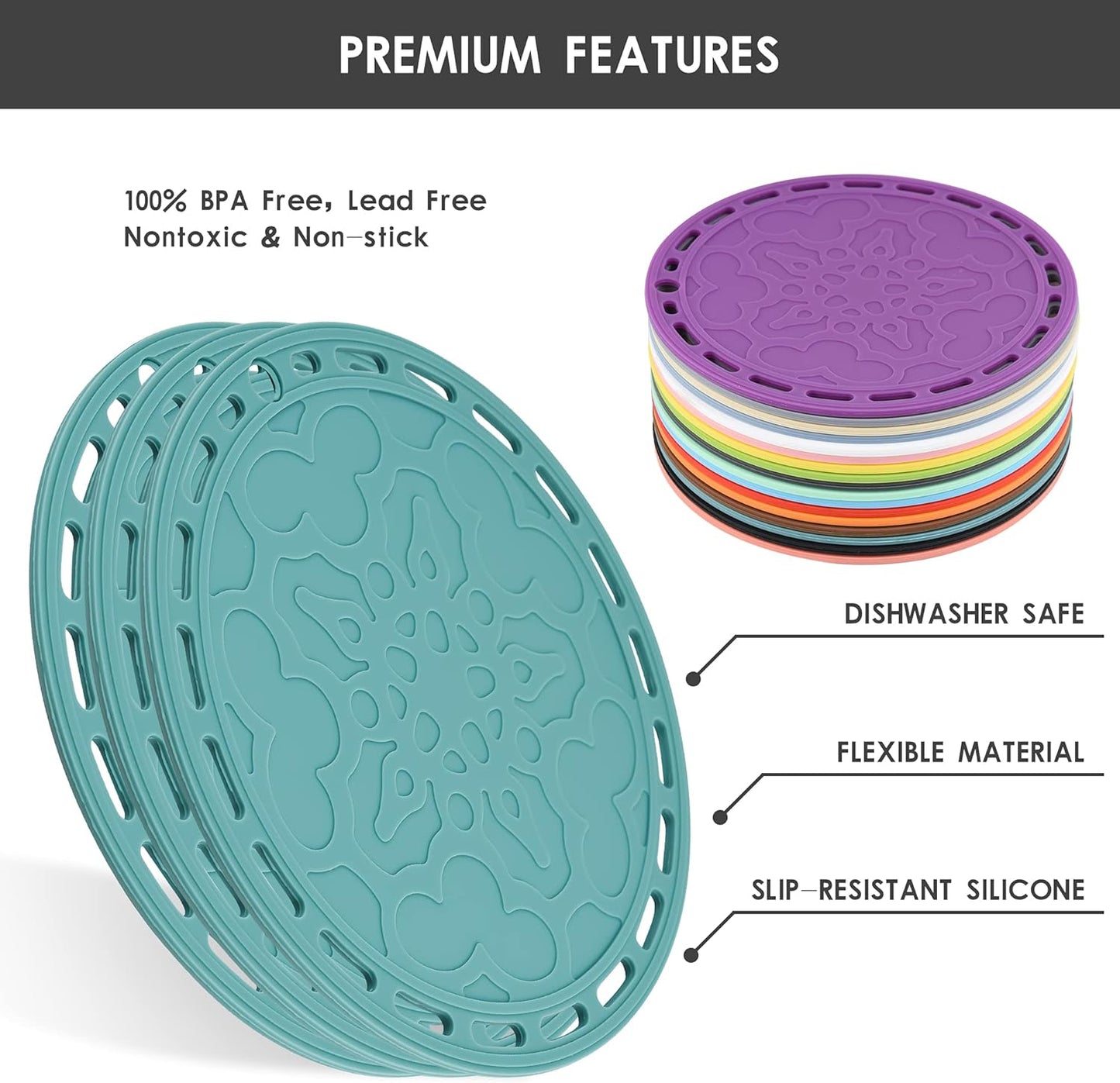 Smithcraft Silicone Trivet Mat Big Round PotHolder Hot Pads and Trivets for Hot Dishes and Hot Pots Holder, Hot Mats for Countertops, Tables, Spoon Rest Set 3 Green